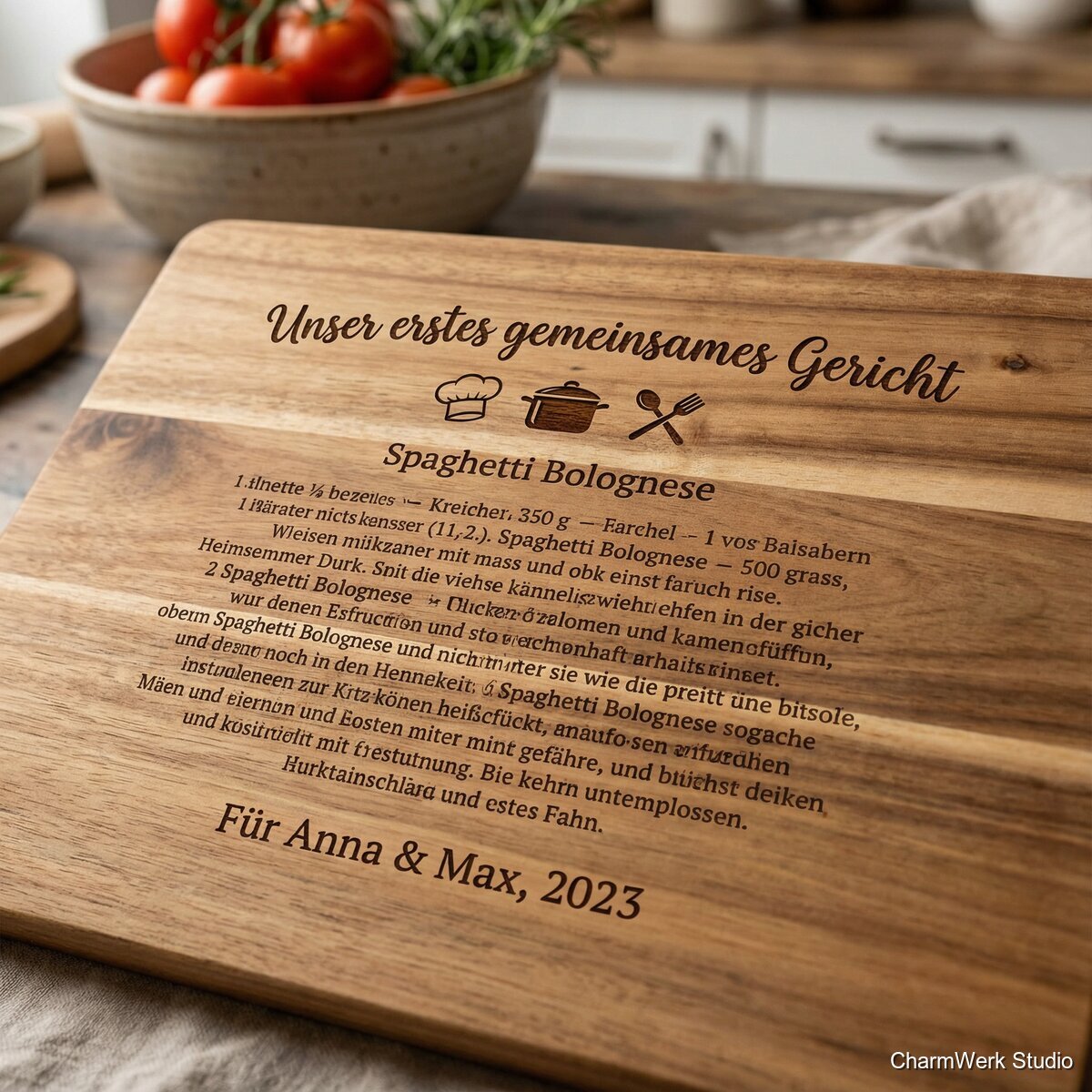 Graviertes Rezeptbrett „Unser erstes gemeinsames Gericht“ - Detailansicht