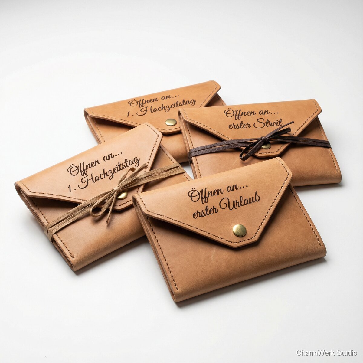 Hochzeitsbrief-Set: Gravierte Umschläge aus Leder - Seitenansicht