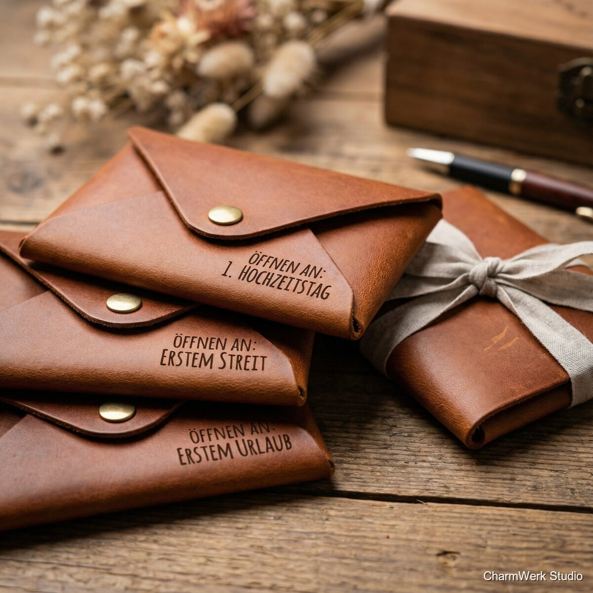 Hochzeitsbrief-Set: Gravierte Umschläge aus Leder - Detailansicht