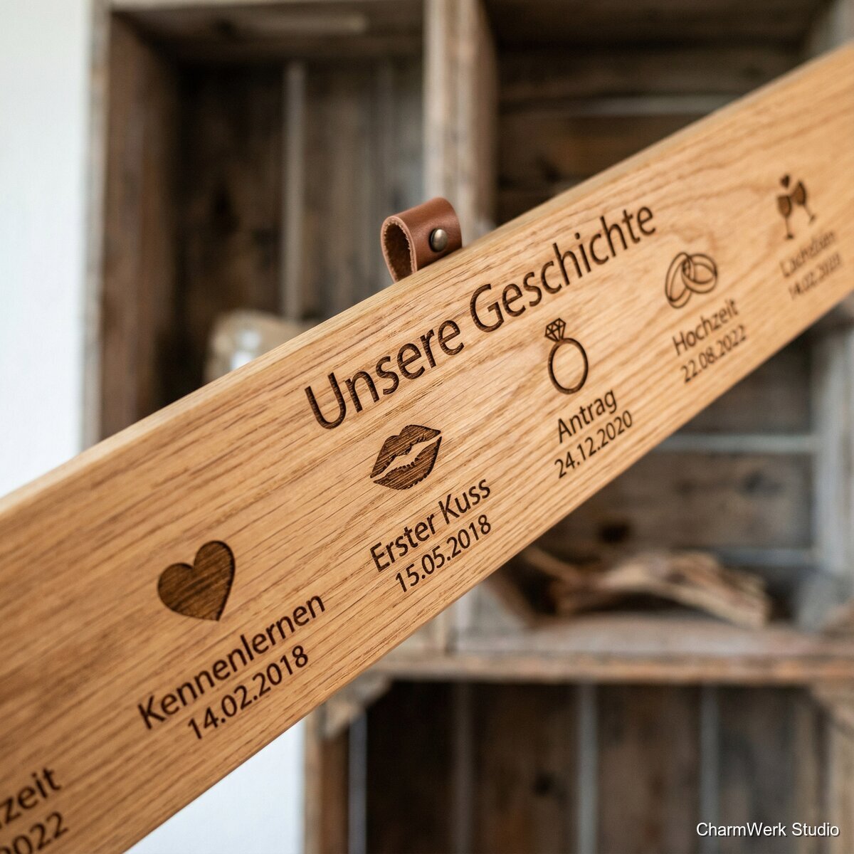 „Unsere Geschichte“ Timeline auf Holzleiste - Detailansicht