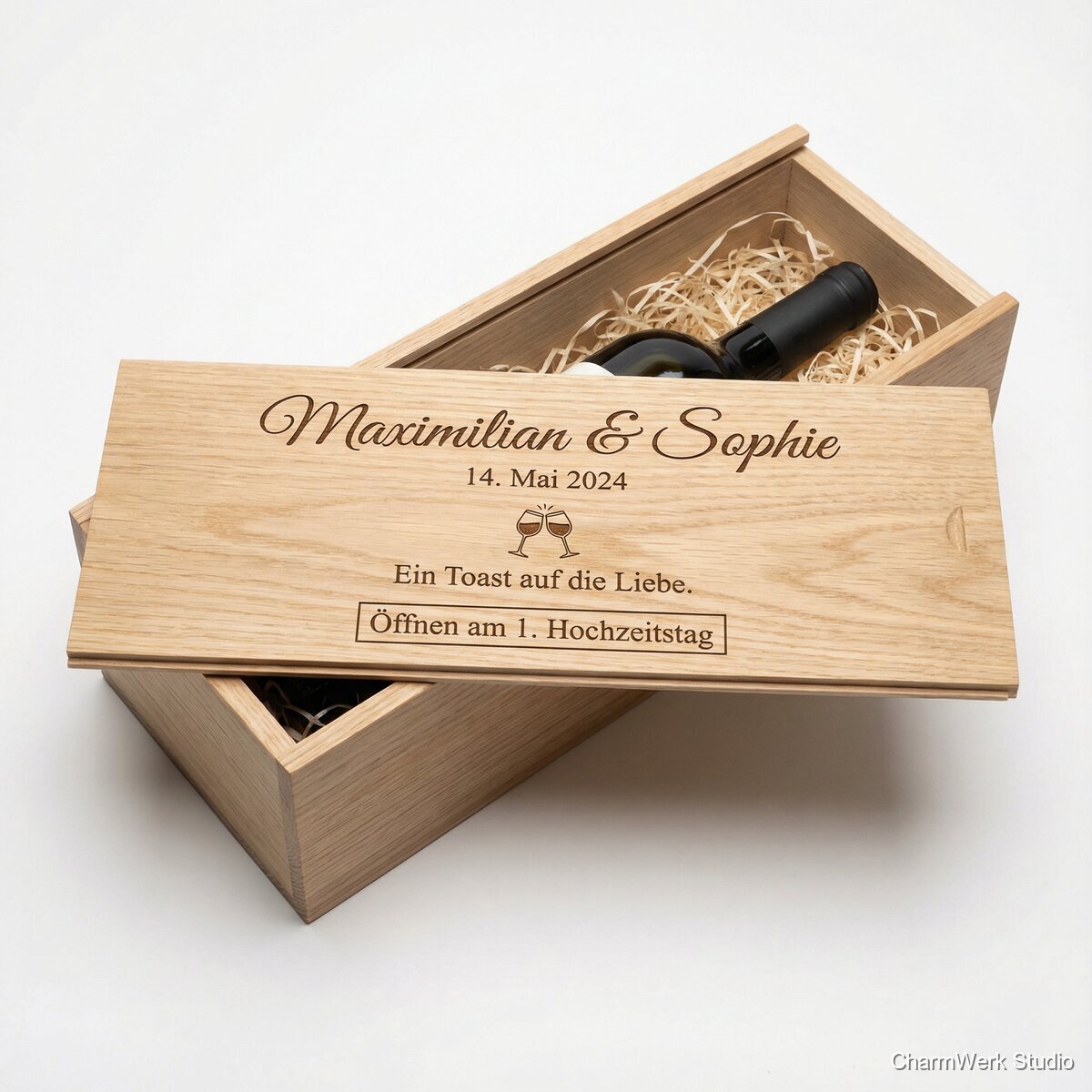 Gravierter Weinbox-Deckel mit persönlicher Widmung