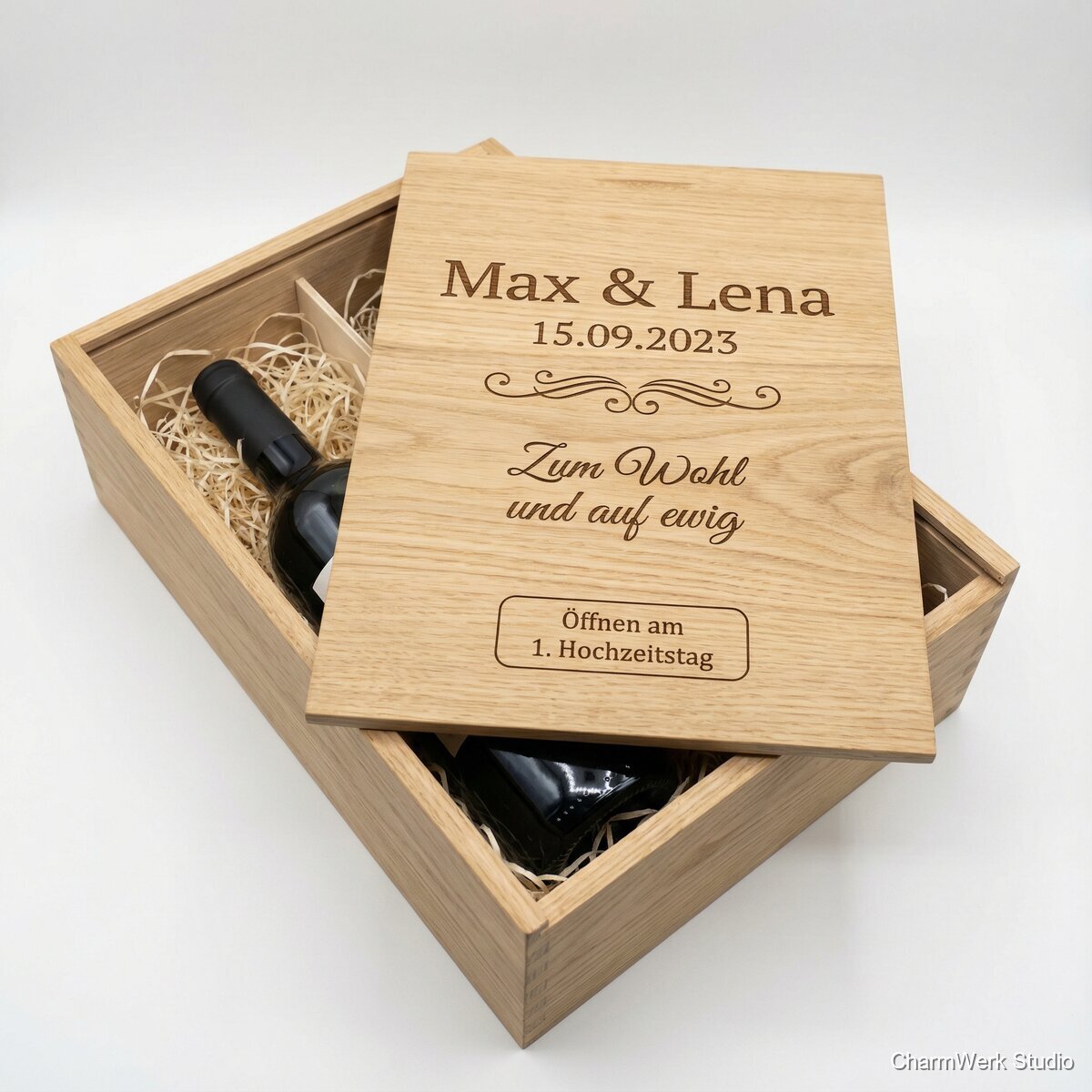 Gravierter Weinbox-Deckel mit persönlicher Widmung - Seitenansicht