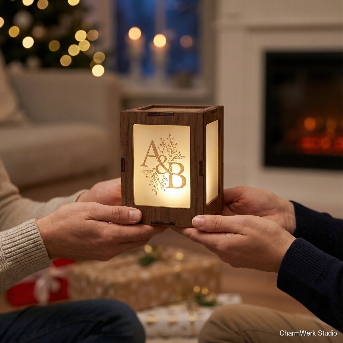Monogramm-Laterne: Gravierte Holz-Acryl-Lichtbox - Lifestyle