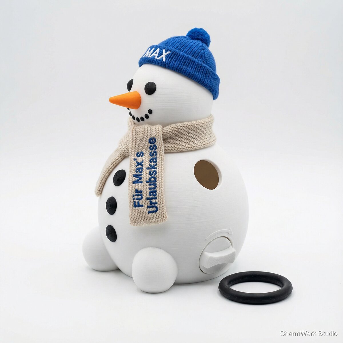 Schneemann-Spardose mit Geheimverschluss und Widmung - Seitenansicht