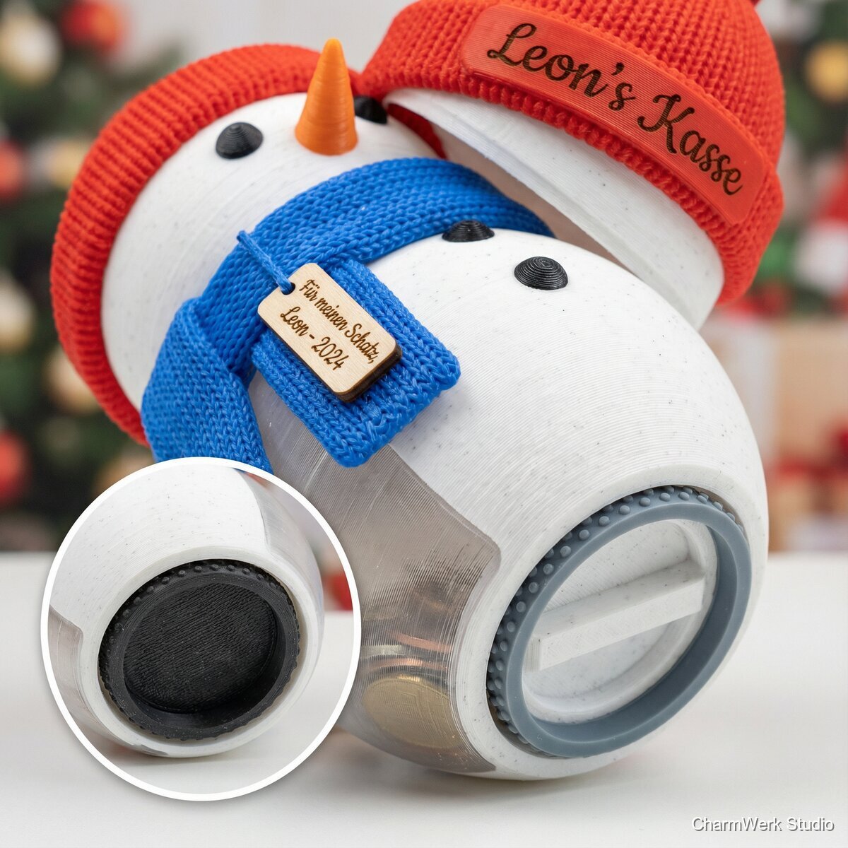 Schneemann-Spardose mit Geheimverschluss und Widmung - Detailansicht