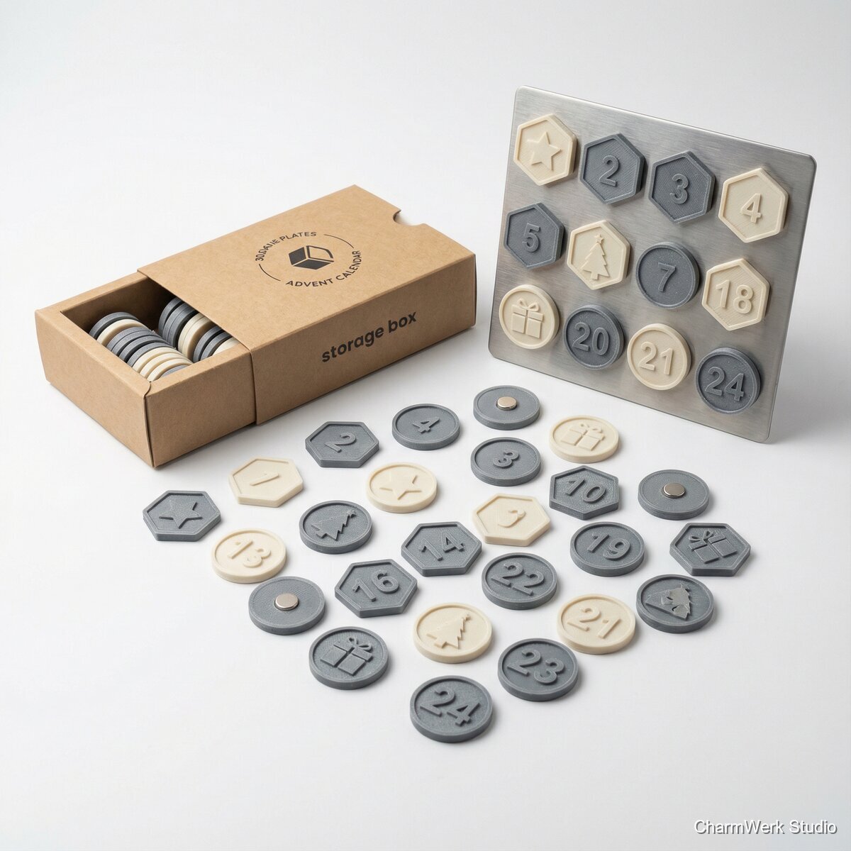 3D-gedruckte Adventskalender-Türchen als Magnet-Set - Seitenansicht