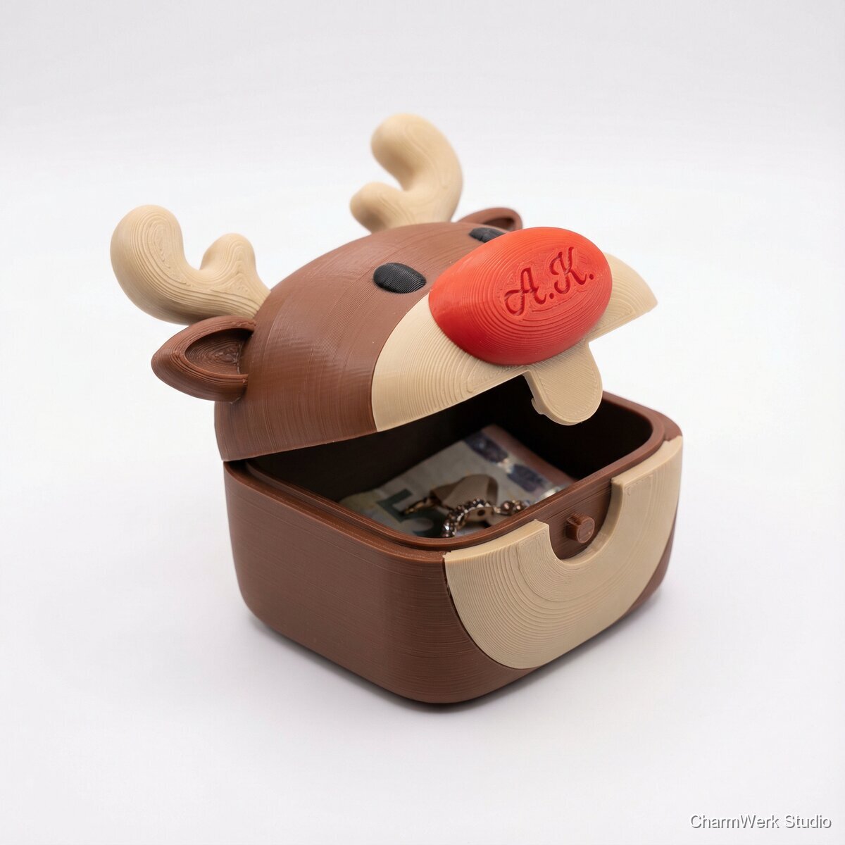 Rentier-Geschenkbox mit Schnappverschluss und Initialen - Seitenansicht