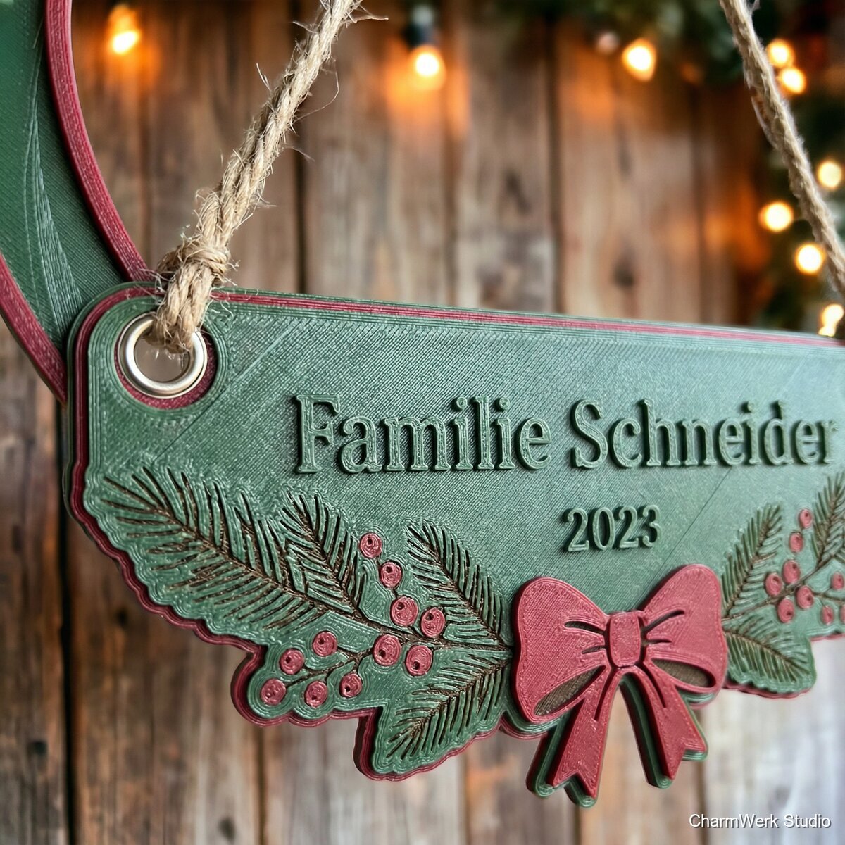 3D-gedruckter Weihnachtskranz-Türanhänger mit Familienname - Detailansicht