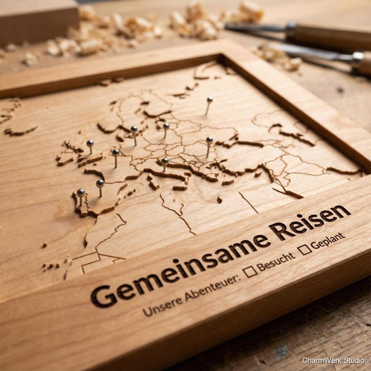 CNC-gefräster „Gemeinsame Reisen“-Pinboard-Rahmen - Detailansicht
