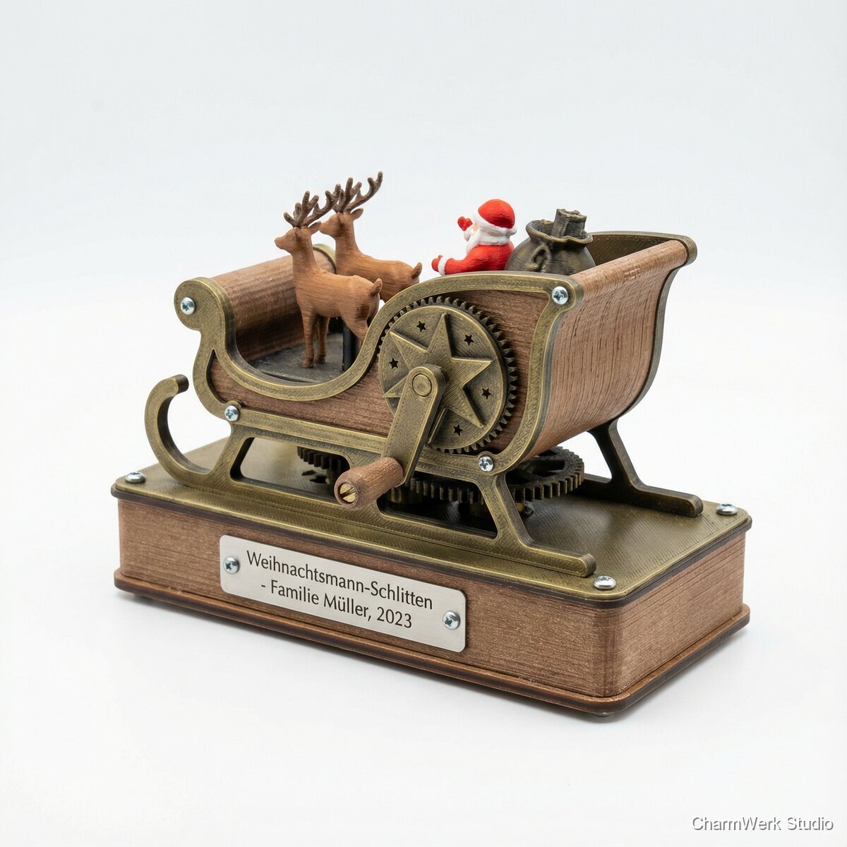 Mechanischer 3D-Print: Weihnachtsmann-Schlitten als Spieluhr-Illusion - Seitenansicht