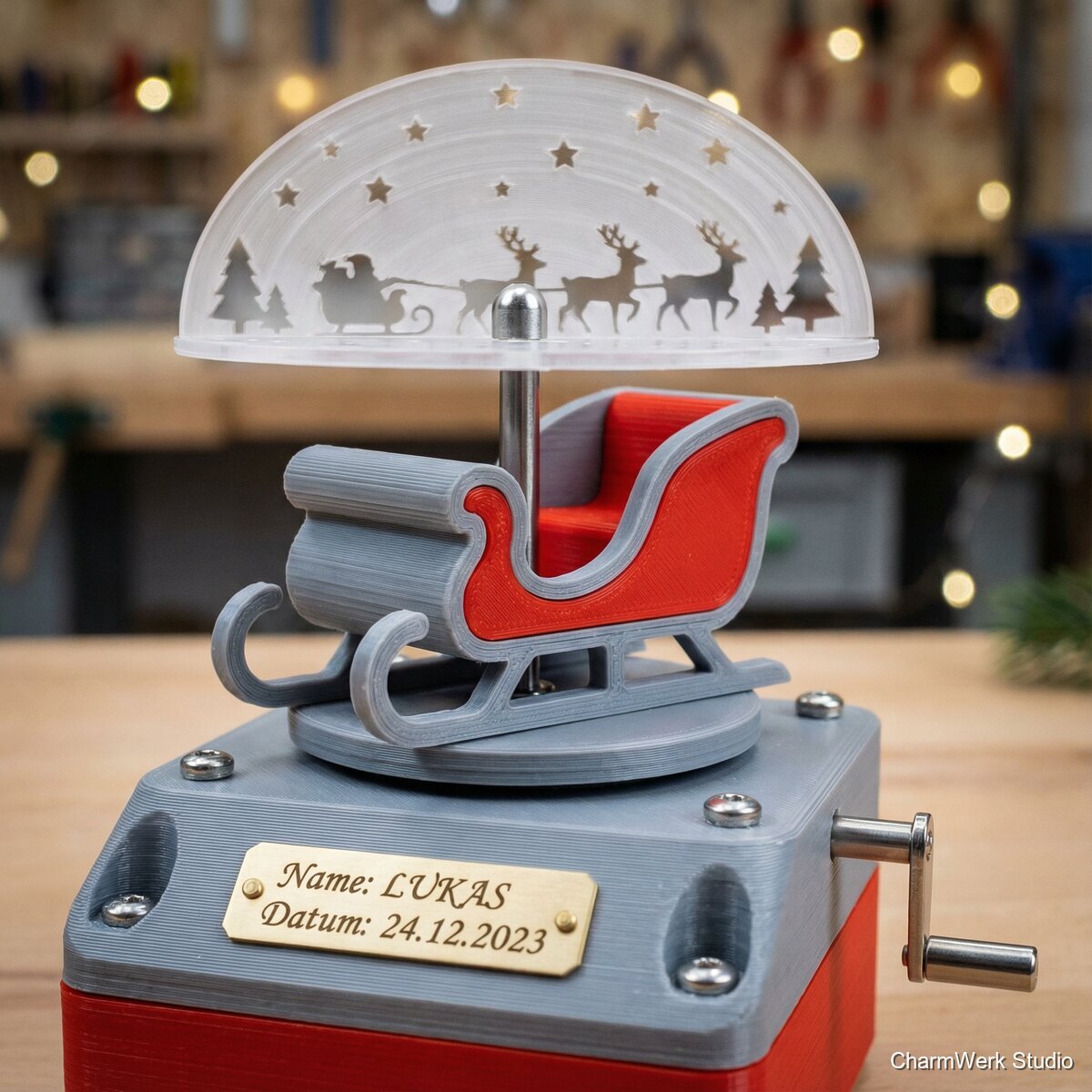 Mechanischer 3D-Print: Weihnachtsmann-Schlitten als Spieluhr-Illusion - Detailansicht