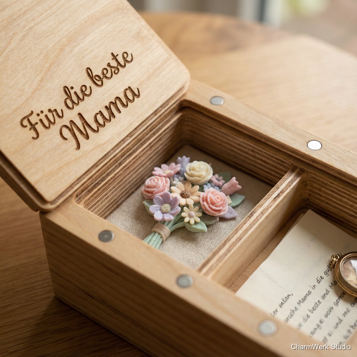 Mama-Herzkiste mit 3D-Blüten und Gravur - Detailansicht