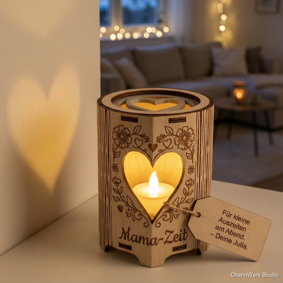 Teelichtlaterne „Mama-Zeit“ mit 3D-Schattenspiel - Detailansicht