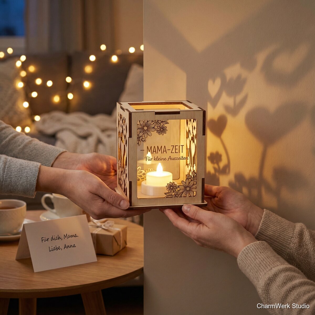 Teelichtlaterne „Mama-Zeit“ mit 3D-Schattenspiel - Lifestyle