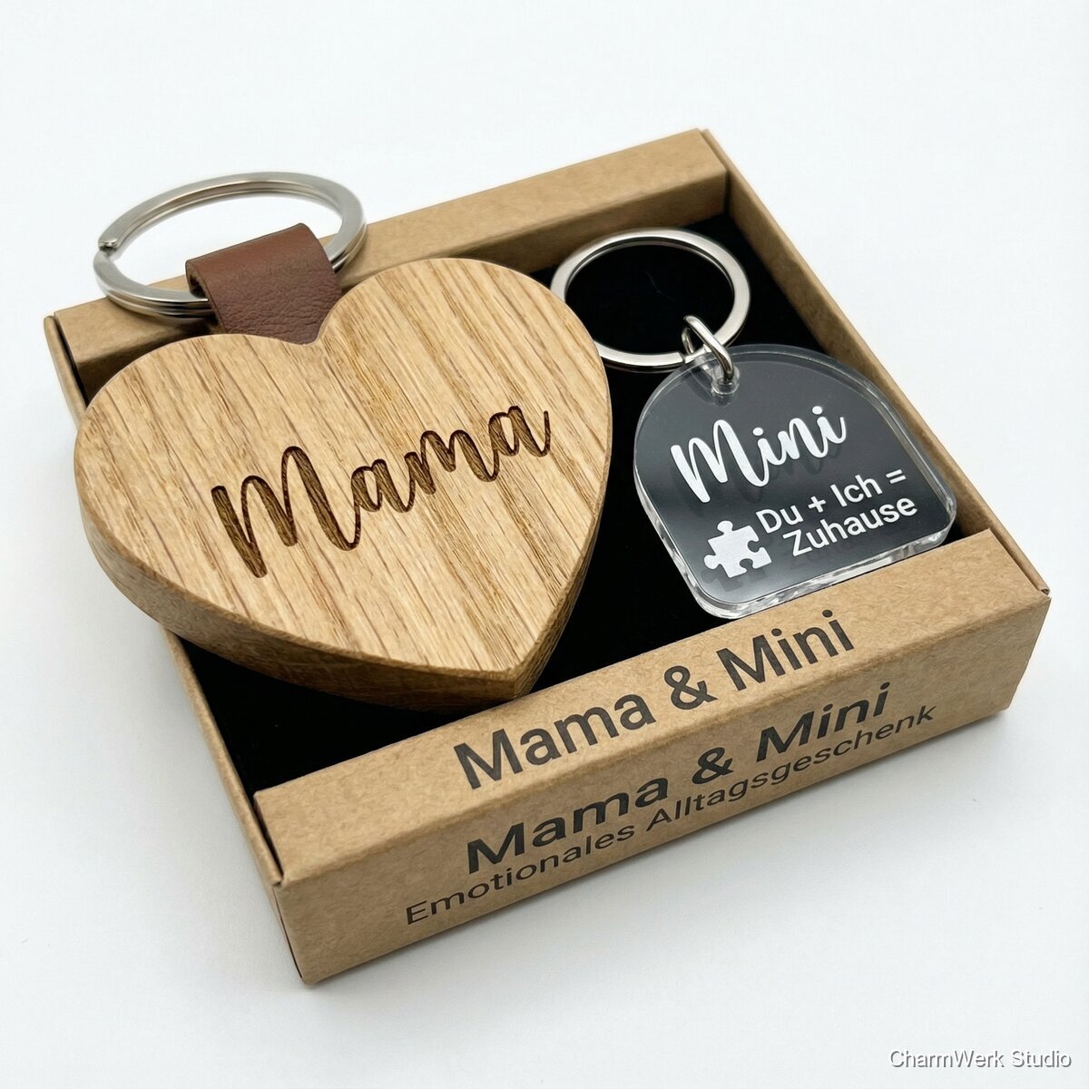 Schlüsselanhänger-Set „Mama & Mini“ Holz+Acryl - Seitenansicht
