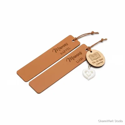 Lesezeichen-Set „Mamas Kapitel“ Leder+Holz+3D-Charm