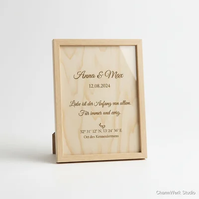 Personalisierte Hochzeitskarte aus Holz im Rahmen