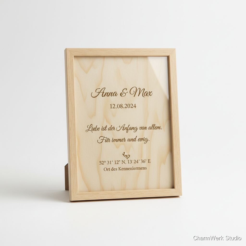 Personalisierte Hochzeitskarte aus Holz im Rahmen