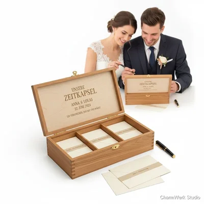 „Zeitkapsel“-Box mit graviertem Deckel & Brief-Sets