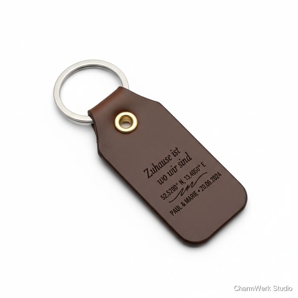 Personalisierter Schlüsselanhänger „Zuhause ist wo wir sind“ (Leder)