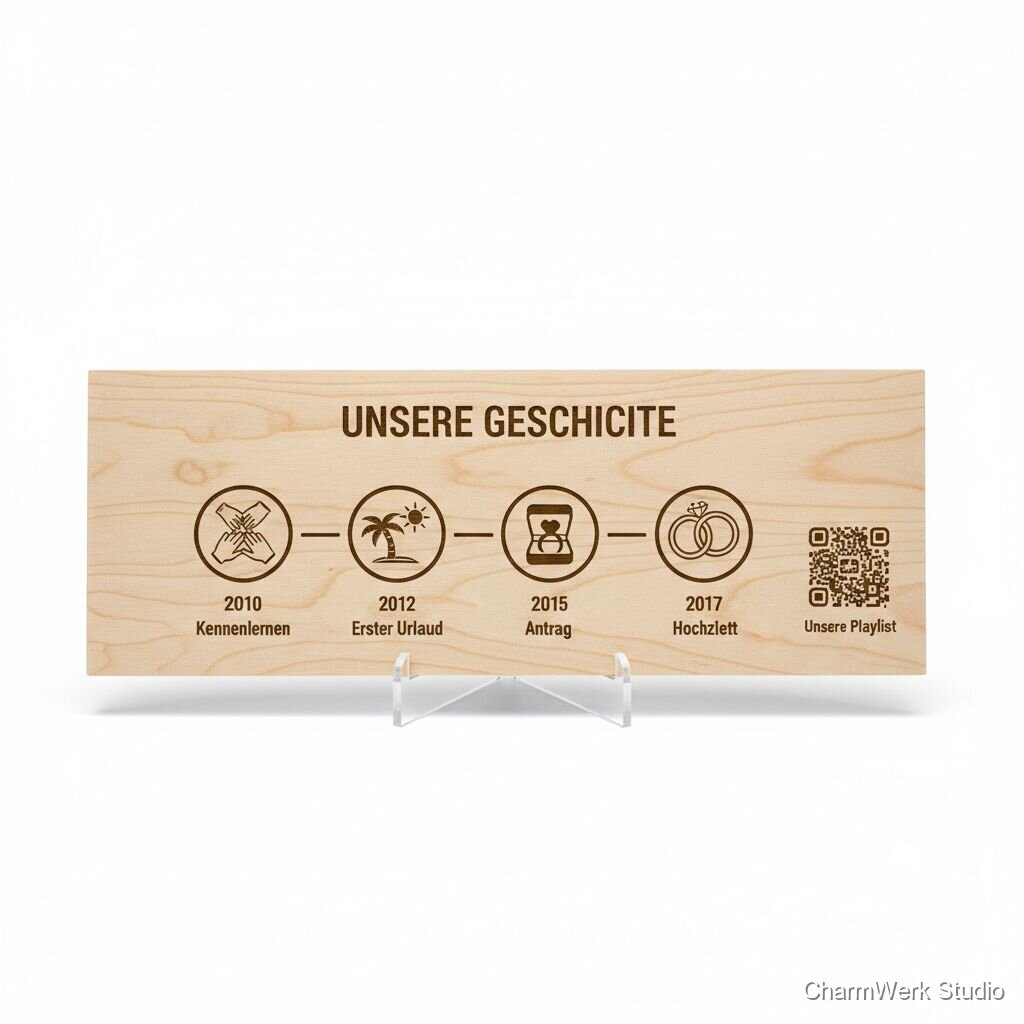 „Unsere Geschichte“-Timeline auf Holz mit Icons