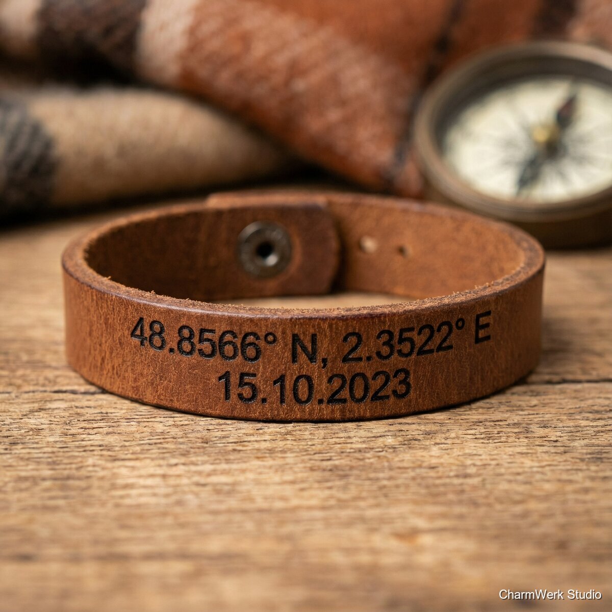 Leder-Armband mit Koordinaten und Datum - Detailansicht