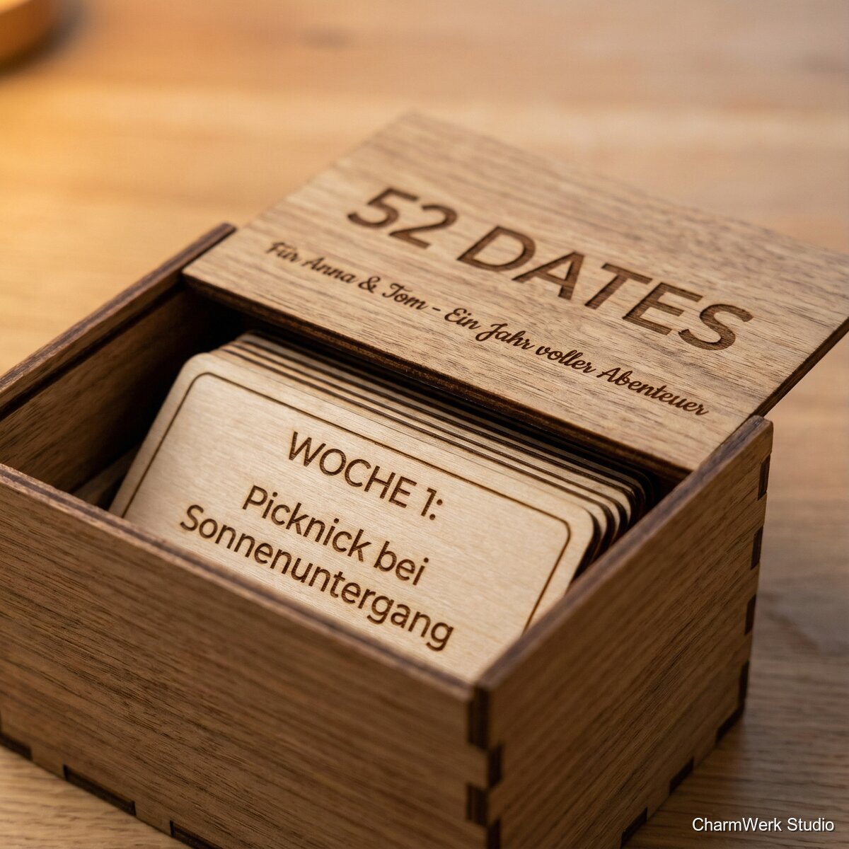 Lasergraviertes Set „52 Dates“ in Holzbox - Detailansicht