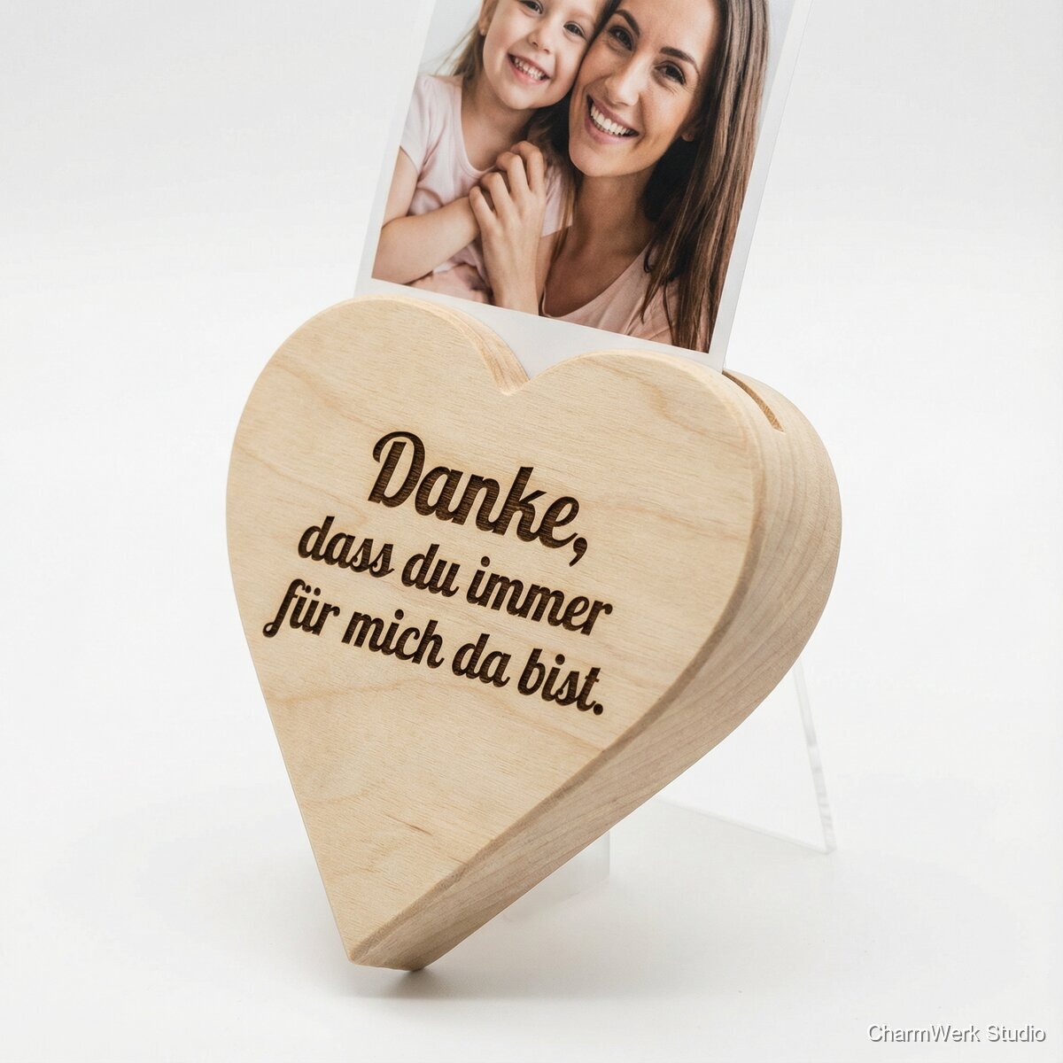 Herz-Fotohalter aus Holz mit Gravur - Seitenansicht