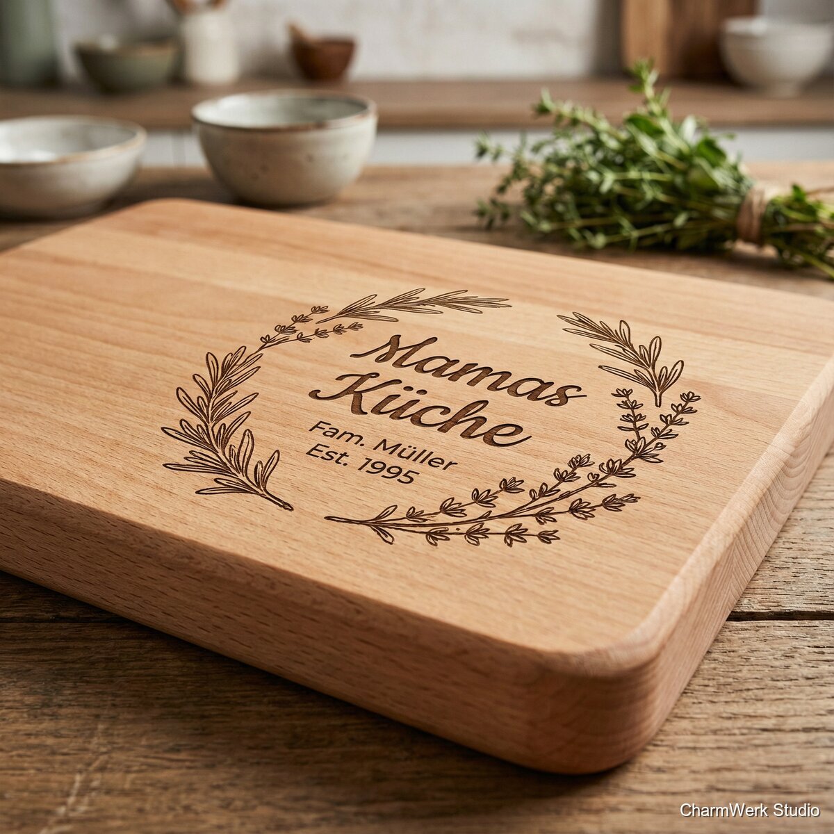 Rezeptbrettchen „Mamas Küche“ mit Familiennamen - Detailansicht