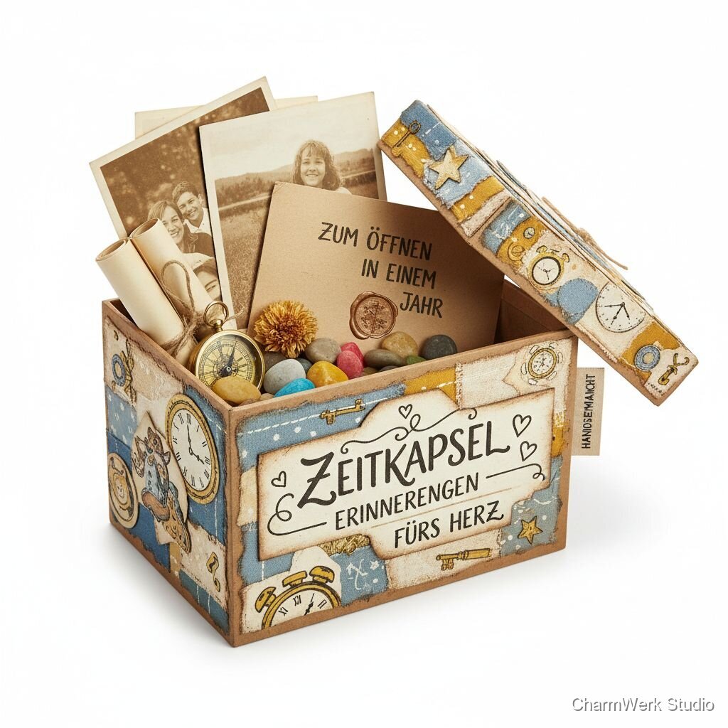 Handgemachte „Zeitkapsel“-Box mit Erinnerungsobjekten