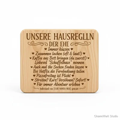 Holz-„Hausregeln der Ehe“-Schild im Handlettering-Look
