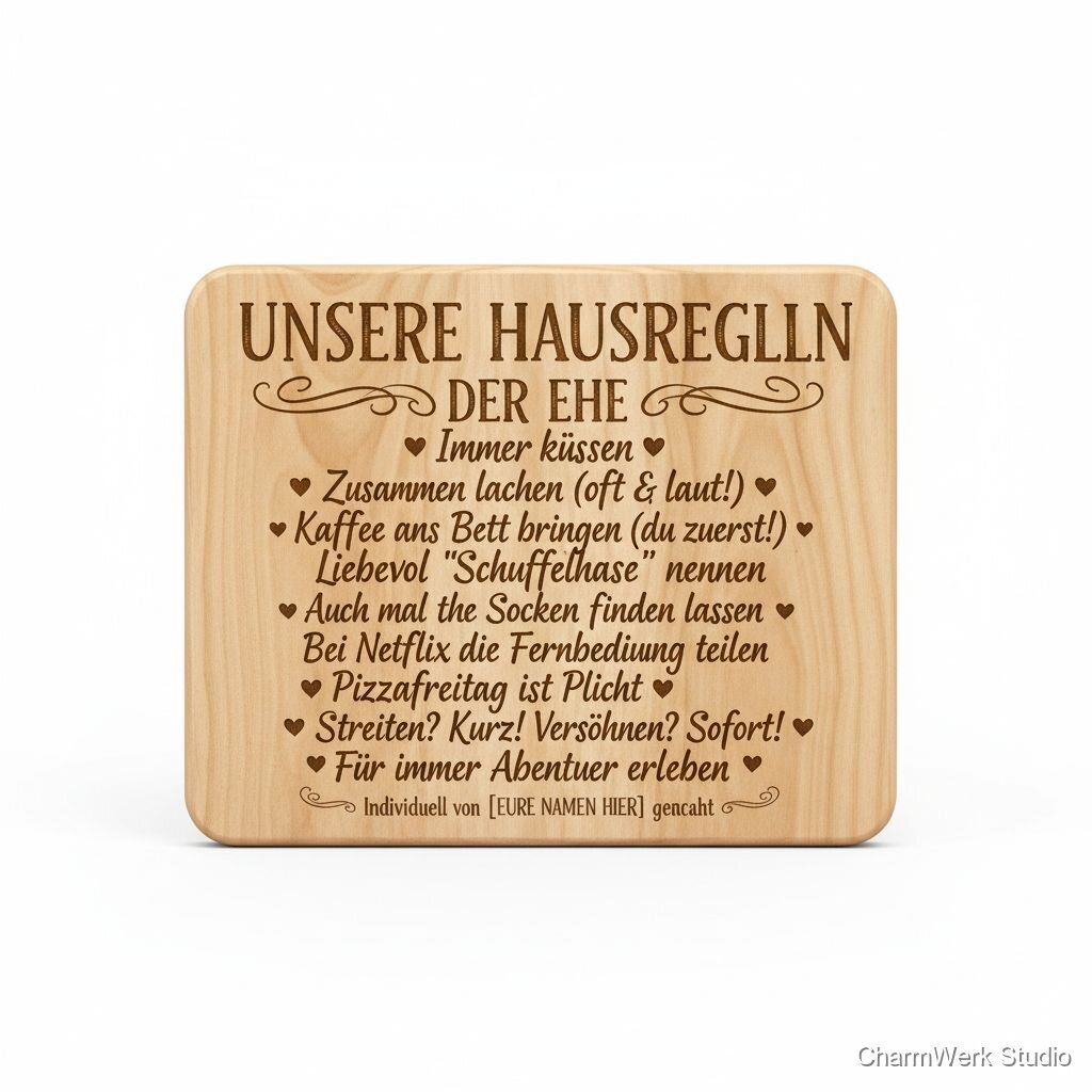 Holz-„Hausregeln der Ehe“-Schild im Handlettering-Look