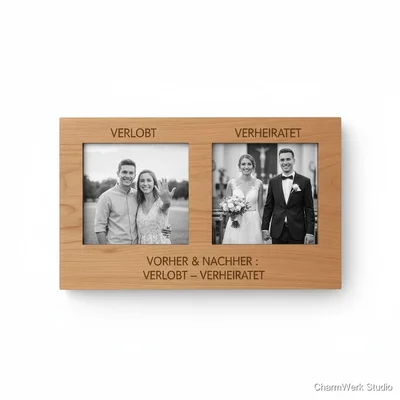 Holz-Doppelfoto „Vorher & Nachher: Verlobt–Verheiratet“