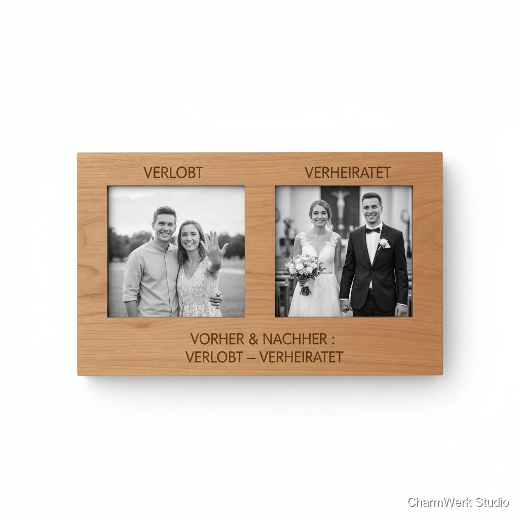 Holz-Doppelfoto „Vorher & Nachher: Verlobt–Verheiratet“