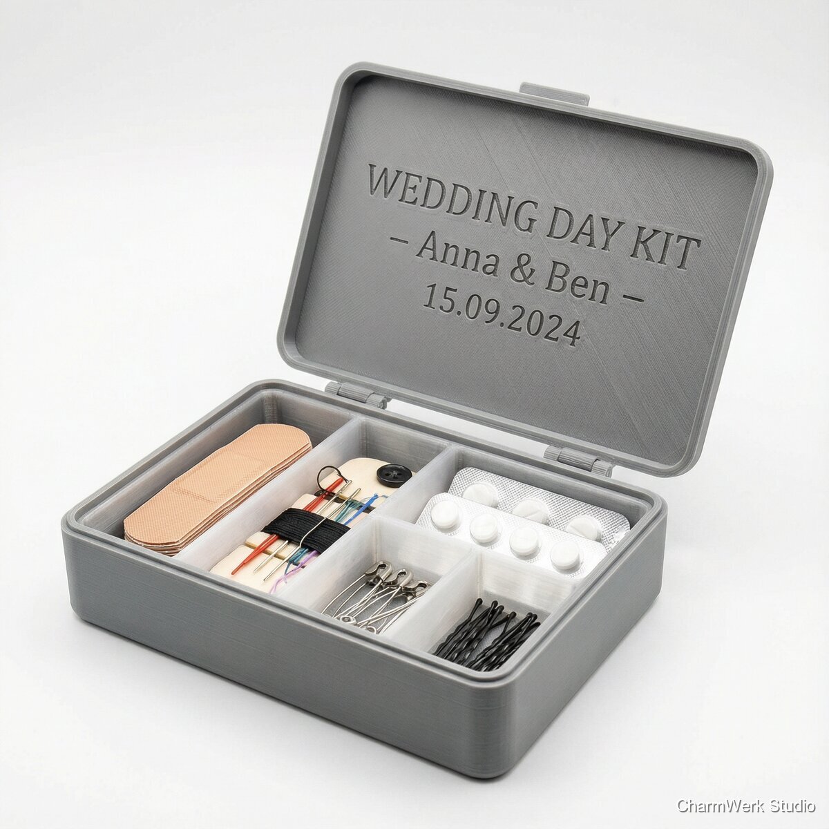 3D-gedrucktes Notfall-Set „Wedding Day Kit“ personalisiert - Seitenansicht