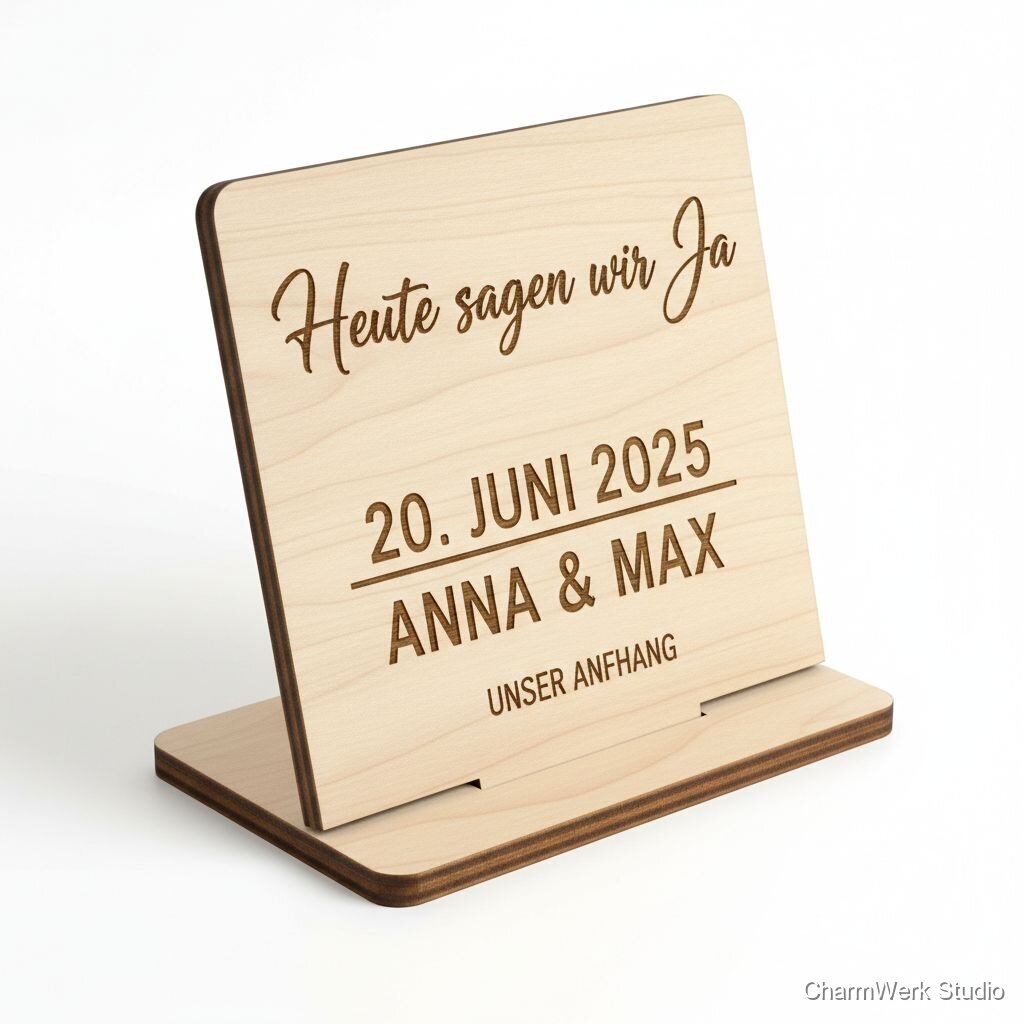 Lasergravierter Holz-Aufsteller „Heute sagen wir Ja“ - Seitenansicht