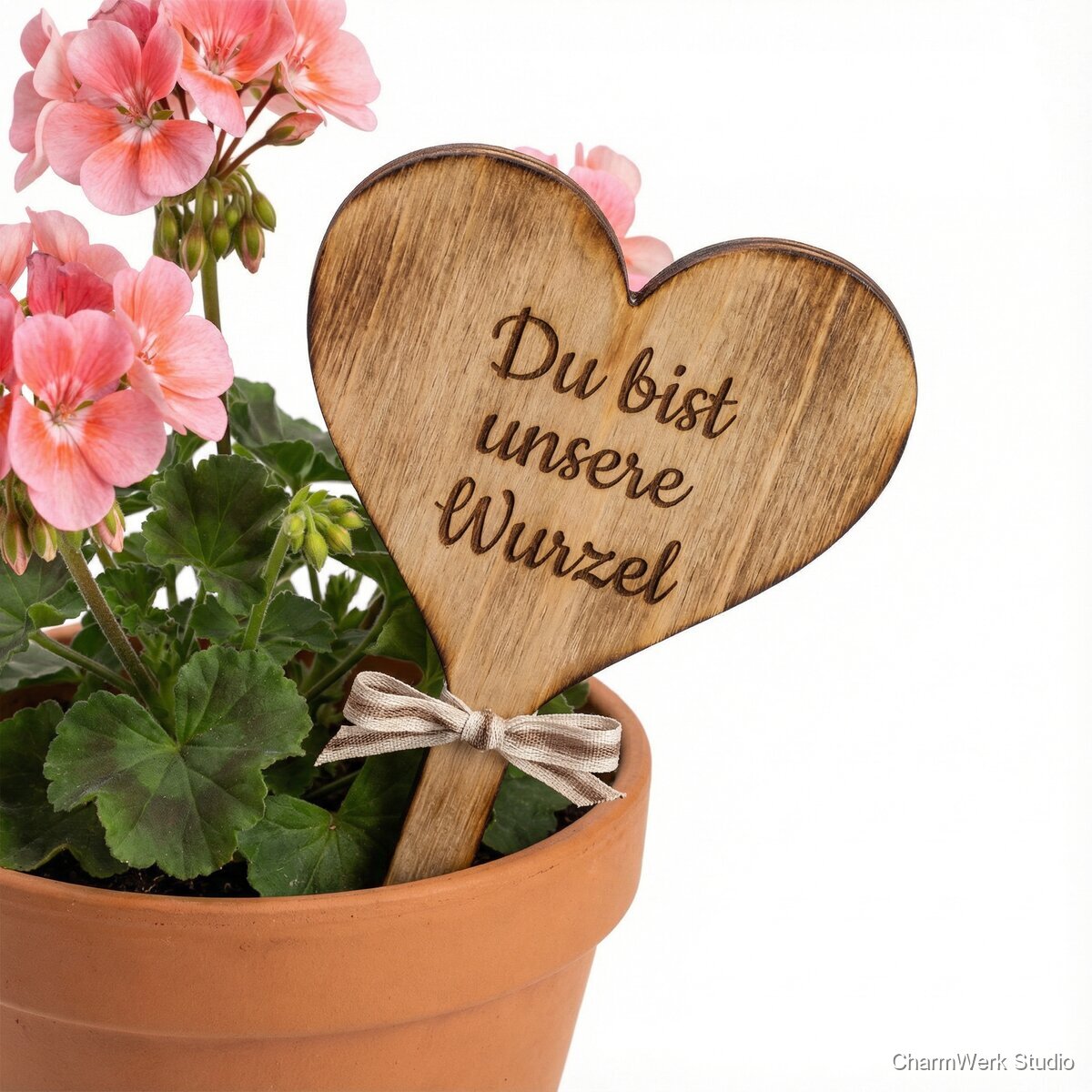Blumenstecker aus Holz: „Du bist unsere Wurzel“ - Seitenansicht