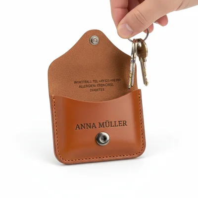 Lasergravierte Leder-Schlüsselmappe mit Notfall-Kontakt