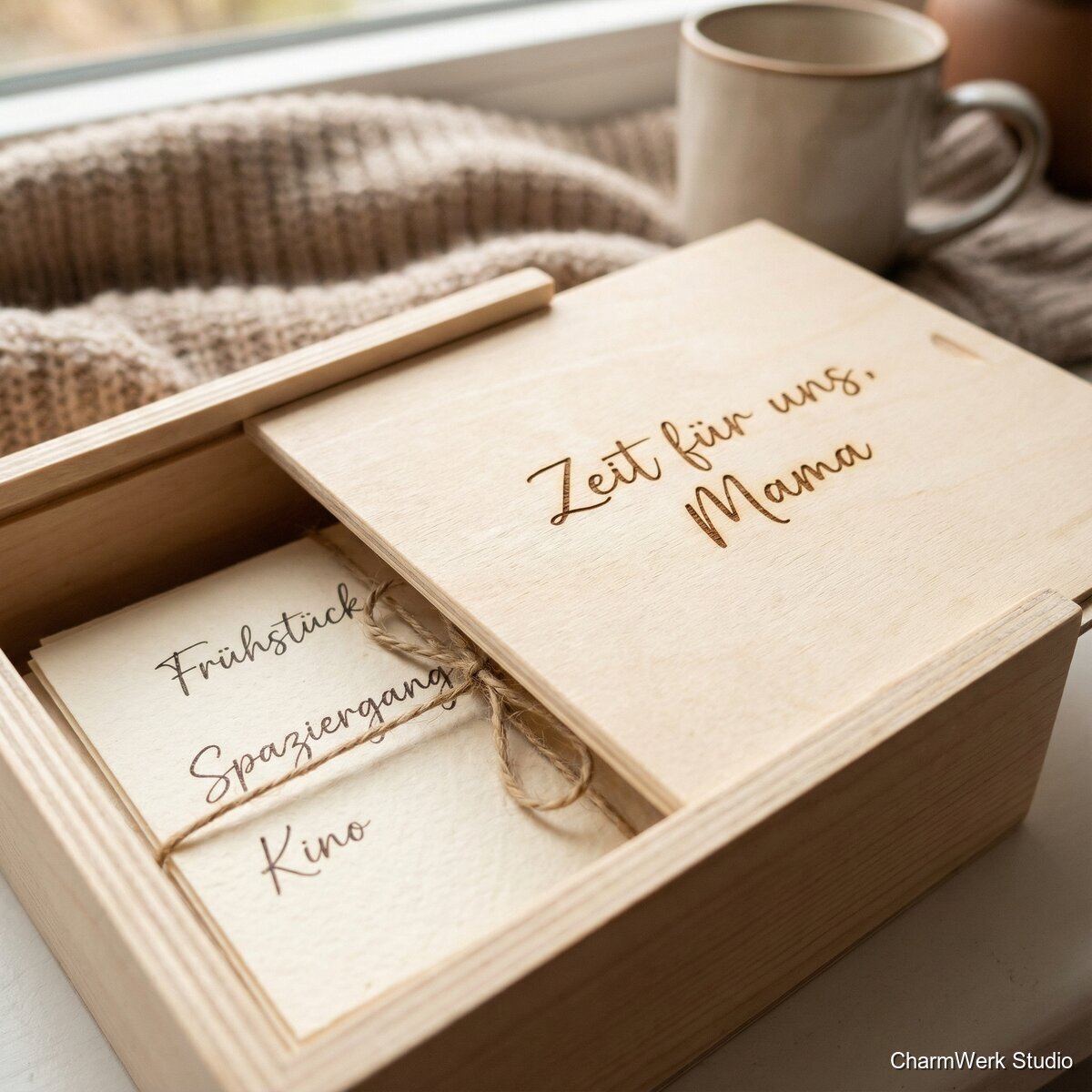 Gravierte Gutschein-Box „Zeit für uns, Mama“ - Detailansicht