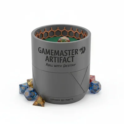 3D-gedruckter Würfelbecher mit graviertem Motto