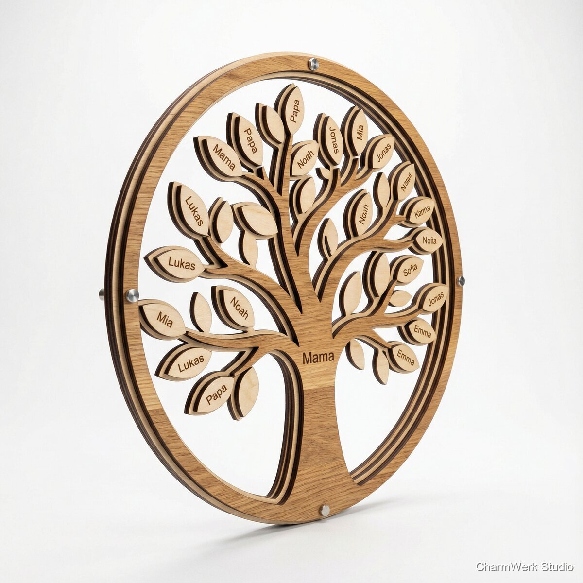 Familienbaum-Wandbild aus Holz mit Namen - Seitenansicht