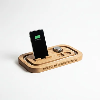 CNC-gefräste Handy-Ladestation aus Holz mit Kabelkanal