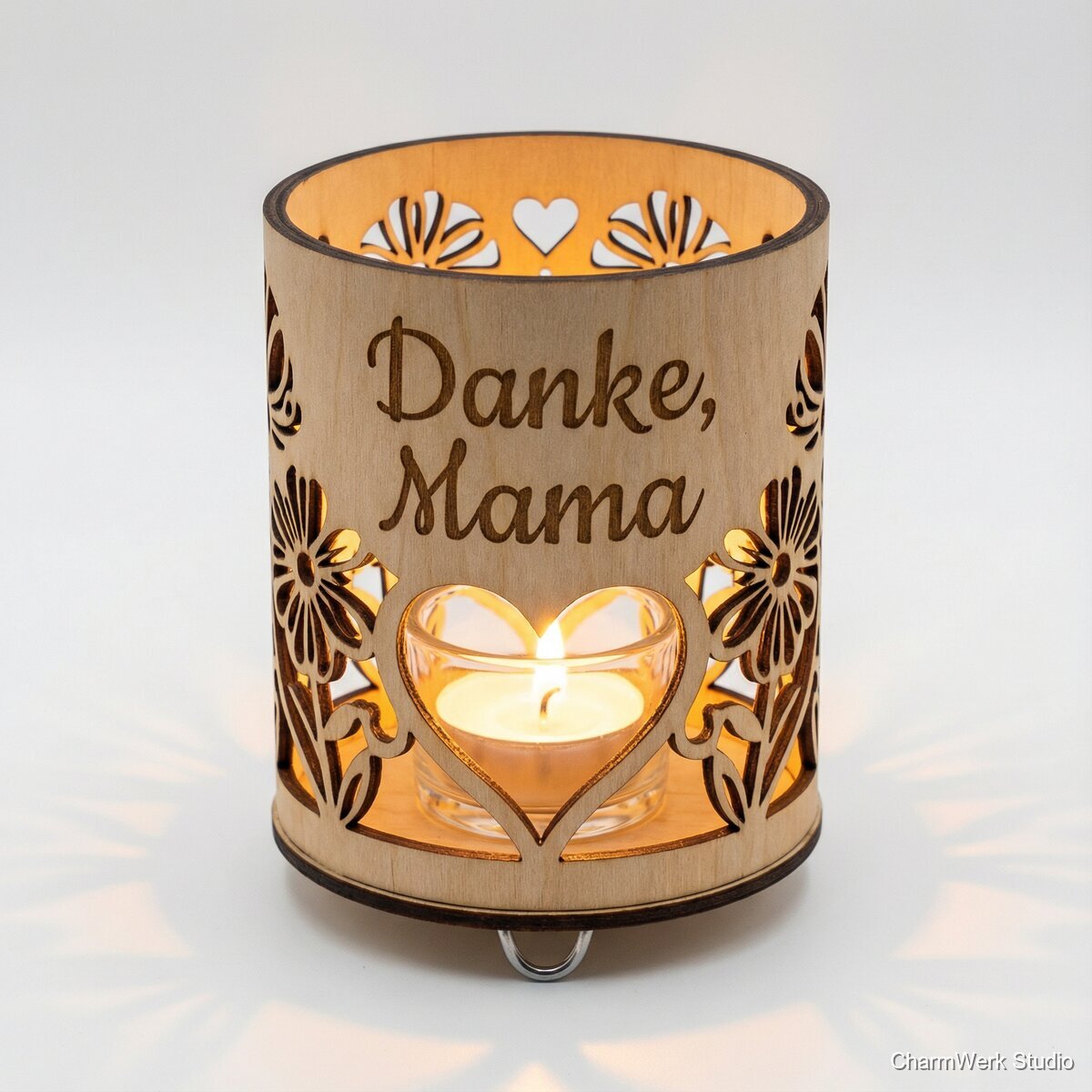 Teelicht-Windlicht aus Holz: „Danke, Mama“ - Seitenansicht