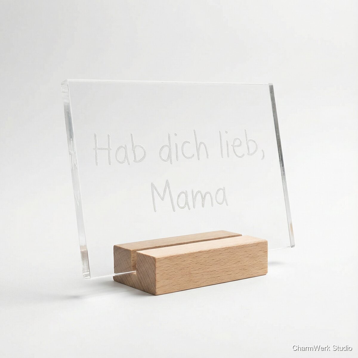Acryl-Aufsteller mit Kinderhandschrift als Gravur - Seitenansicht