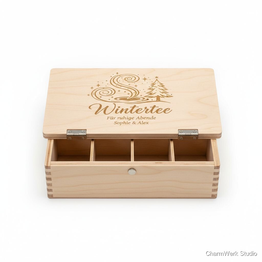 CNC-„Wintertee“-Box mit Fächern und Deckelgravur