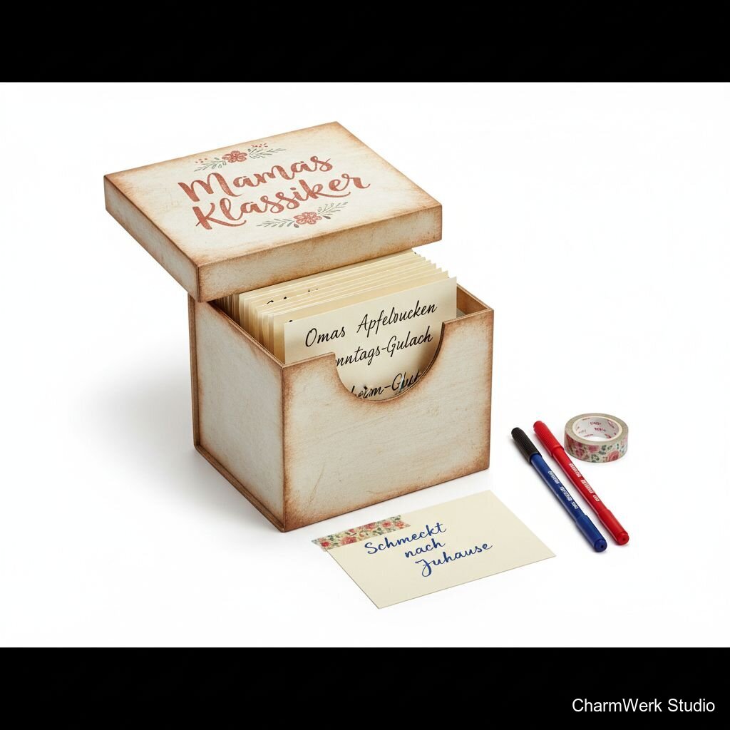 Handbemalte Rezeptkarten-Box „Mamas Klassiker“