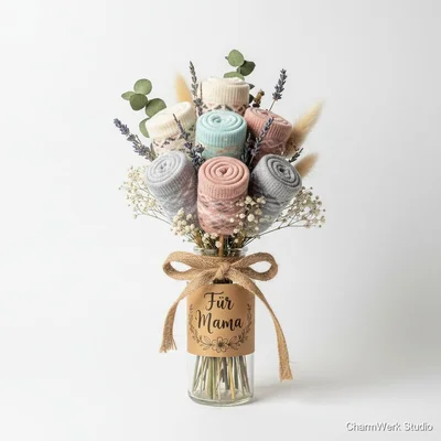 „Für Mama“ Socken-Strauß mit handgemachter Banderole