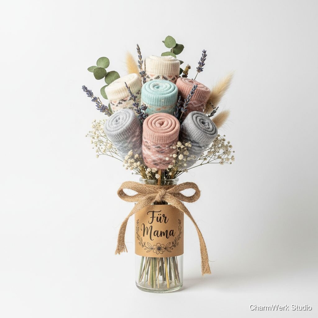 „Für Mama“ Socken-Strauß mit handgemachter Banderole