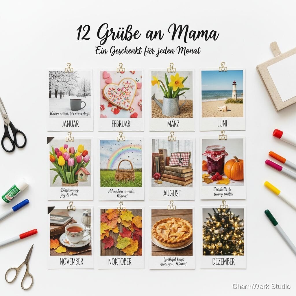 Handgemachte Foto-Postkartenserie „12 Grüße an Mama“