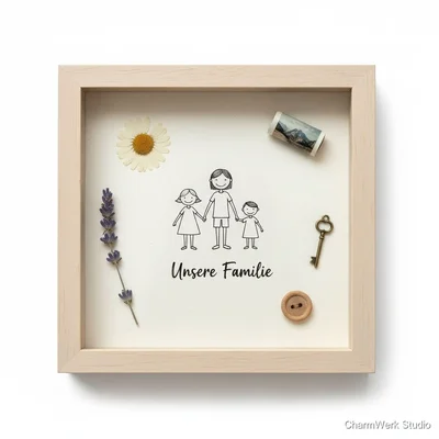 Handgezeichnete Familien-Illustration im Schattenbox-Rahmen